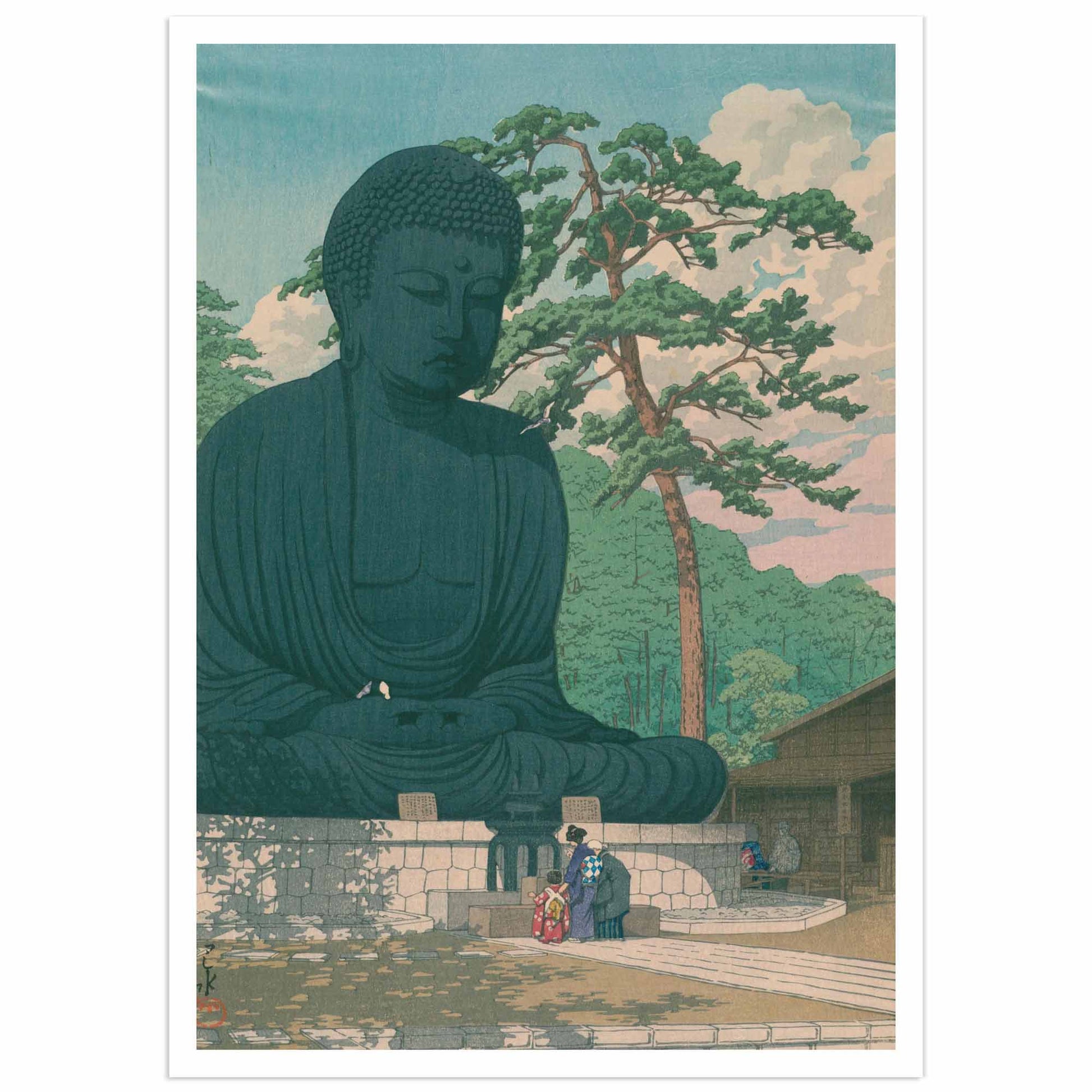 Kawase Hasui 1930 woodblock print depicting the Great Buddha of Kamakura in bronze, with visitors in the foreground providing scale, a twisted pine tree on the left, temple buildings behind, and a clouded blue sky created with bokashi gradation technique