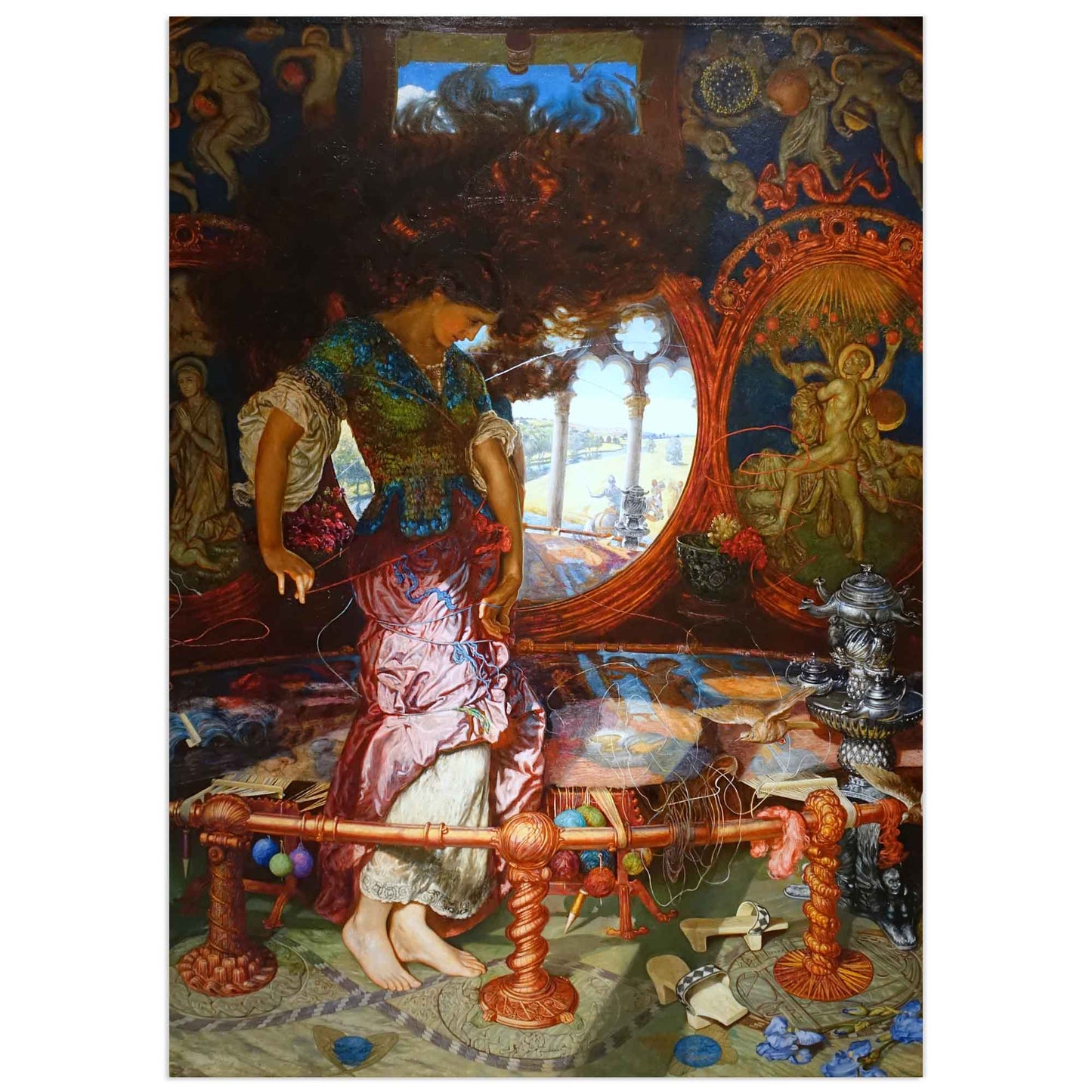 The Lady of Shalott by William Holman Hunt – Pre-Raphaelite painting showing a woman with flowing hair weaving in a richly decorated room, based on Tennyson’s poem.
