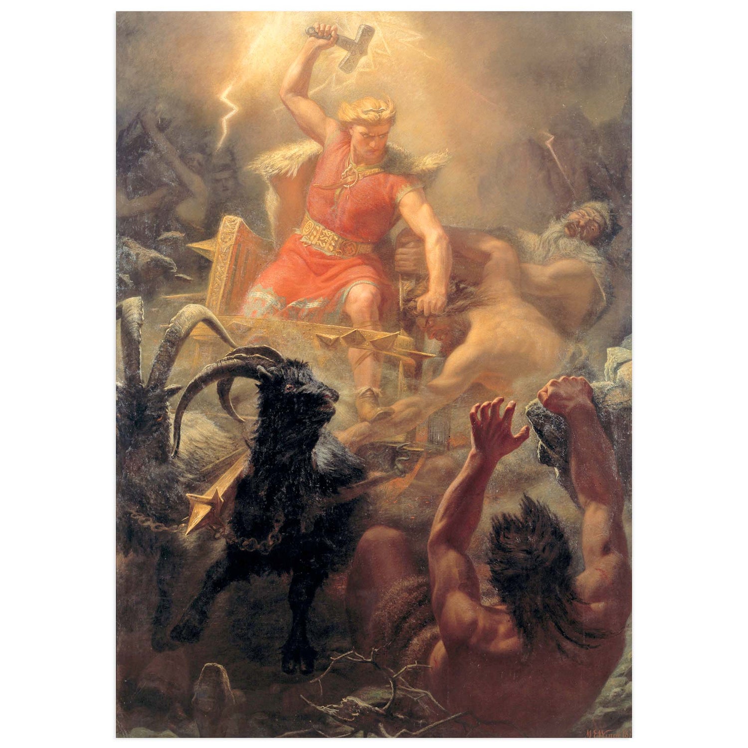 Thor, the Norse god of thunder, battling the giants — painting by M. E. Winge, 1872, depicting Thor wielding his hammer Mjölnir amid storm and chaos.*