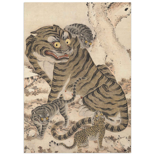 Famille de tigres – Estampe coréenne Joseon – Affiche Minhwa Wallango