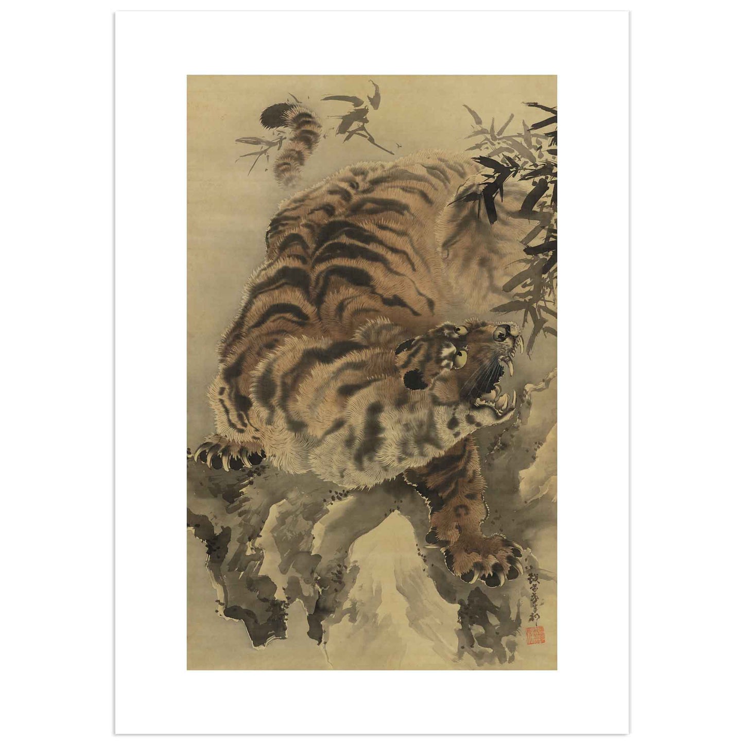 Japanese tiger painting from the Edo Period by Ganku, depicting a roaring tiger amidst bamboo, with fine ink and wash details.