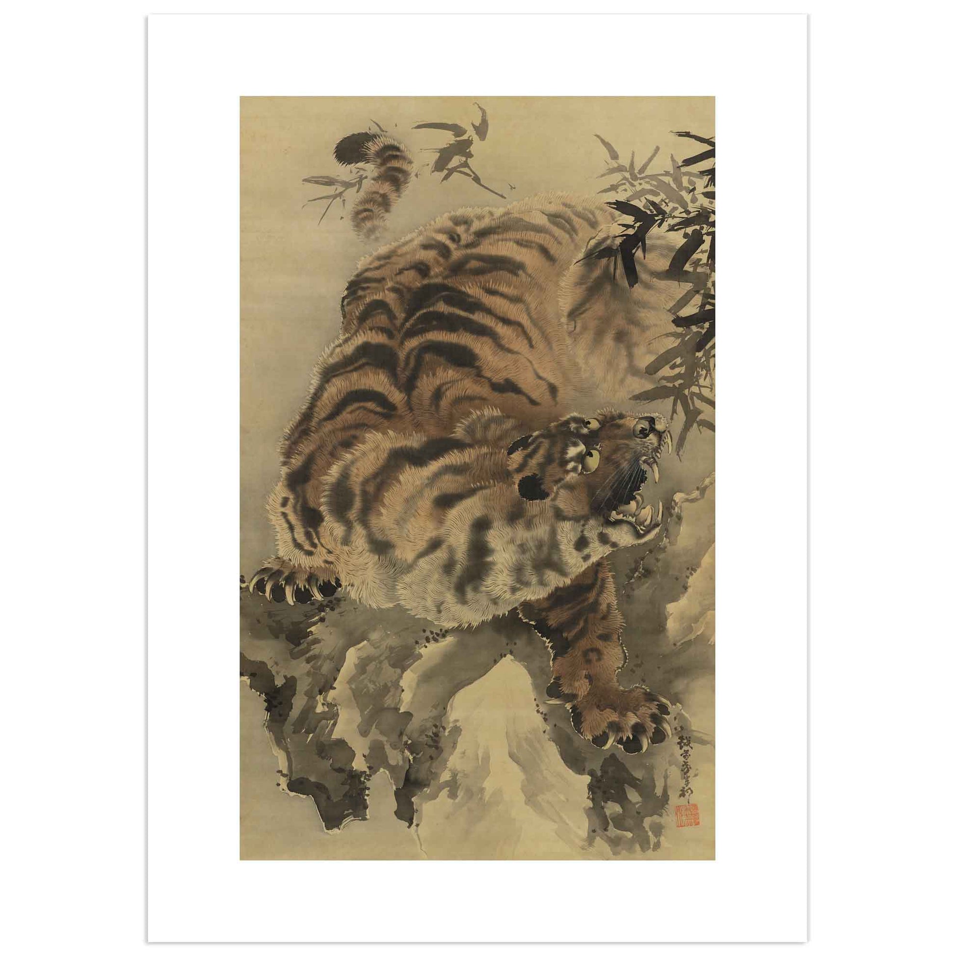 Japanese tiger painting from the Edo Period by Ganku, depicting a roaring tiger amidst bamboo, with fine ink and wash details.