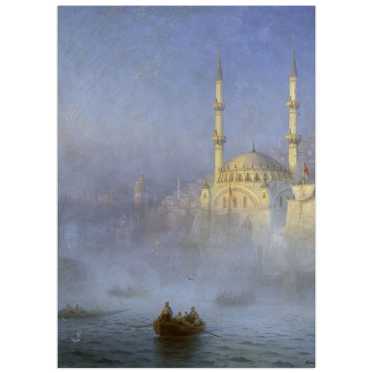 Romantic seascape by Ivan Aivazovsky showing Top-Kahnê in Constantinople with a golden sky and domed mosques