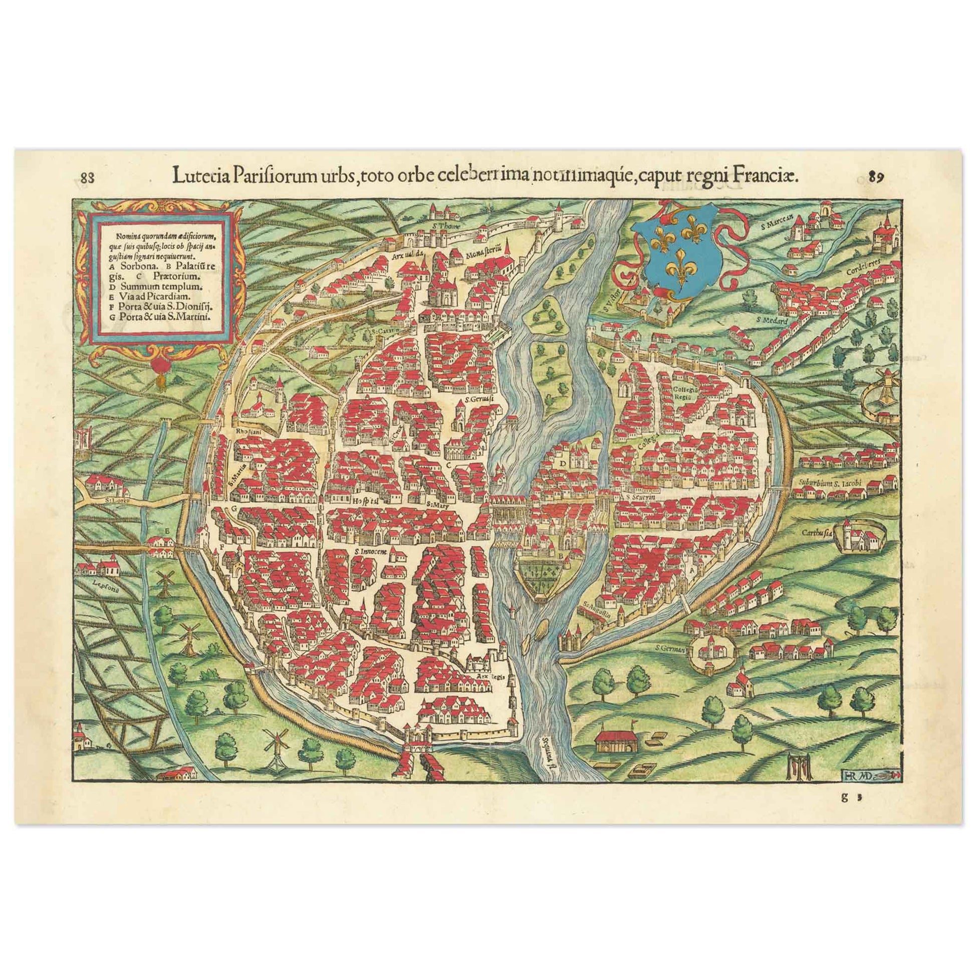 Antique map of Paris titled Lutetia Parisiorum urbs, hand-colored with medieval-style details and city layout