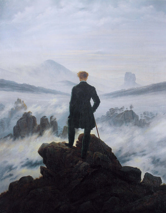 Wanderer above the Sea of Fog by Caspar David Friedrich. Oil on canvas; Man standing on a rocky outcrop with a vast landscape and clouds in the background