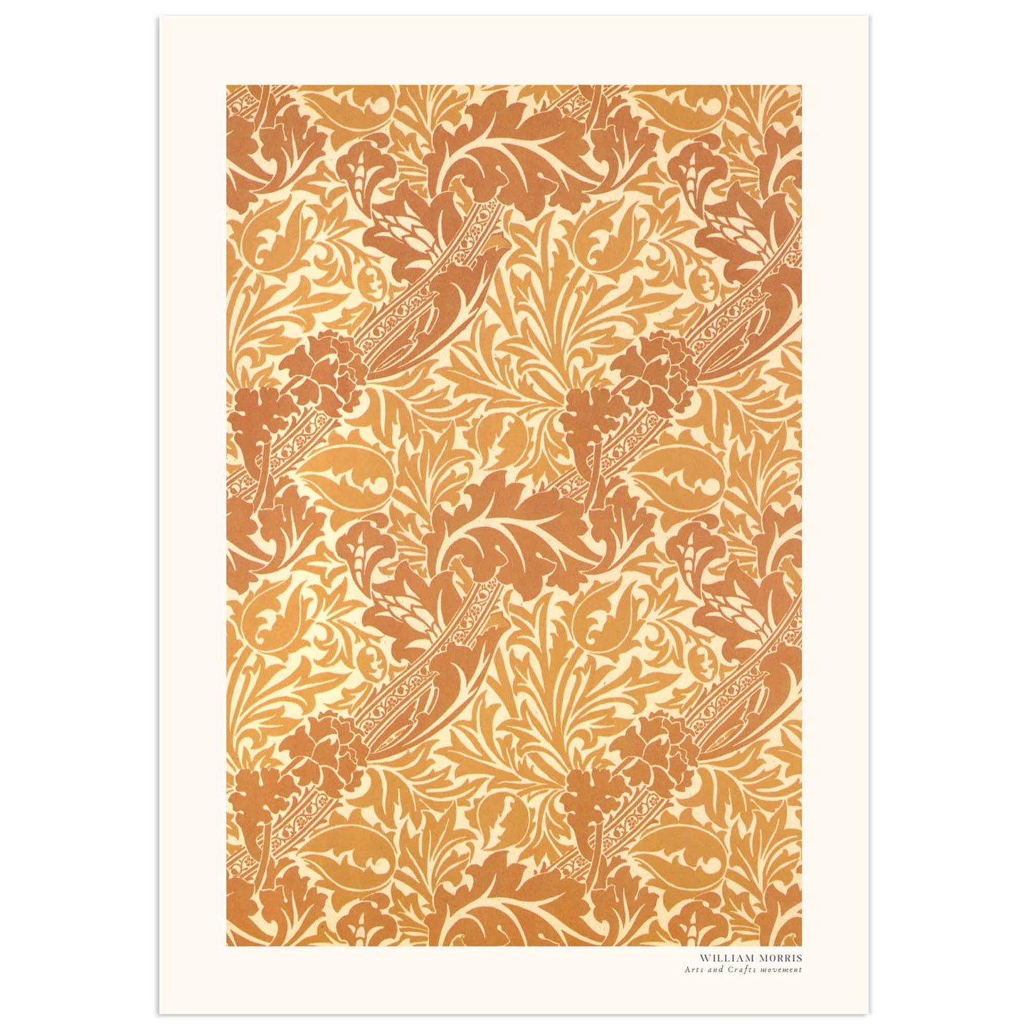 Decorative William Morris print with a repeating floral pattern inspired by Bruges, intricate design in warm orange tones