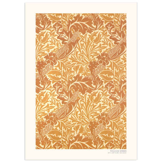 Decorative William Morris print with a repeating floral pattern inspired by Bruges, intricate design in warm orange tones