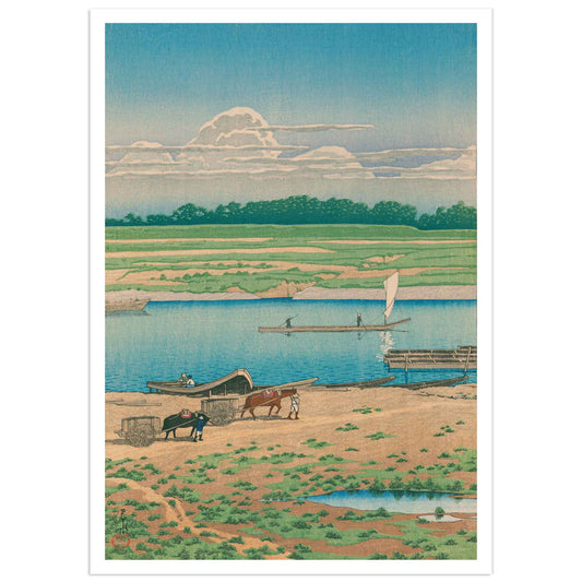 “Yaguchi” by Kawase Hasui – Japanese shin-hanga print showing a river, boats, carts, and cloud-filled sky