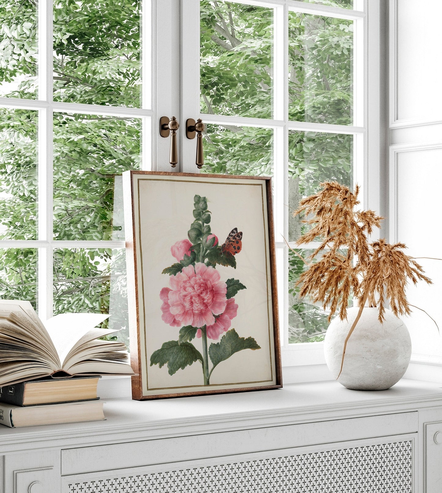 Roses trémières et papillons