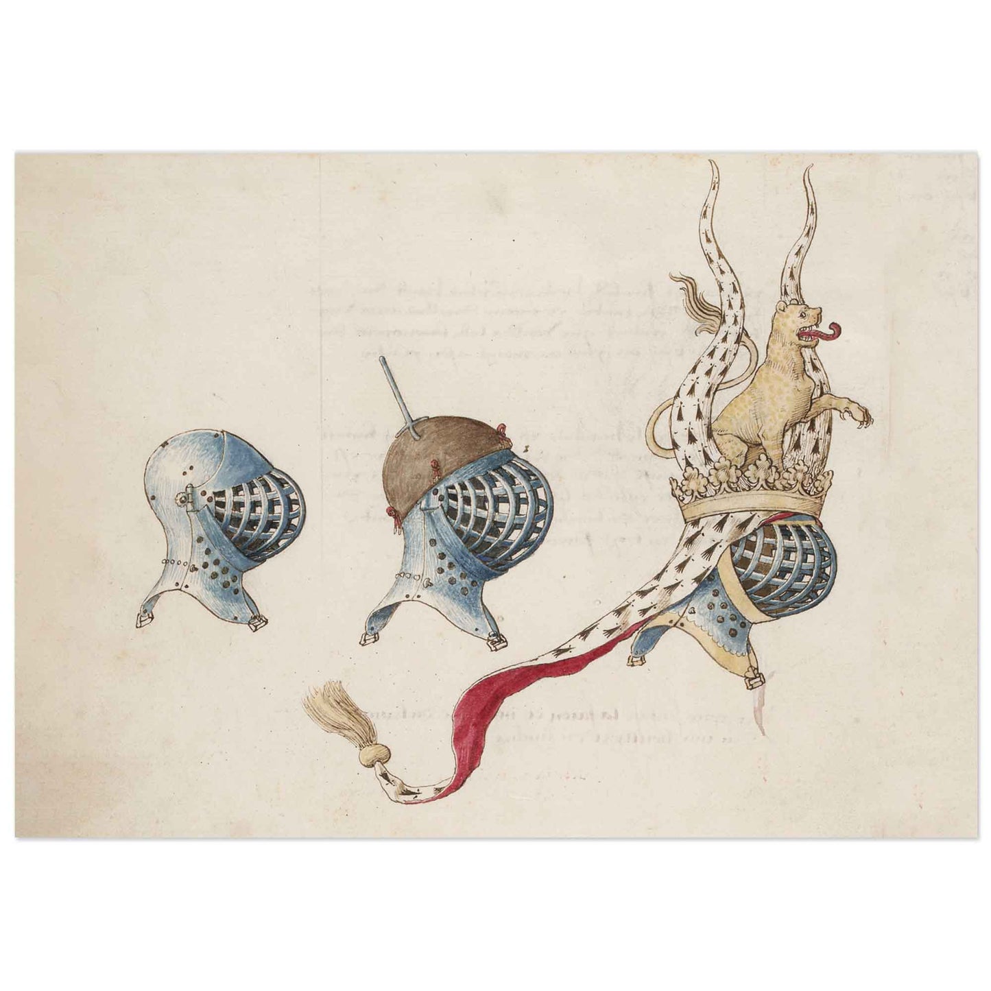 15th Century Tournament Helmets – Print from René d’Anjou’s Book of Tournaments