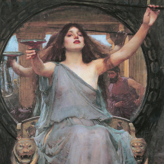 A classical painting of a seated woman in flowing pale blue-gray drapery, with raised arms and a circular frame around her figure, against a painted interior scene with a bearded man in the background.