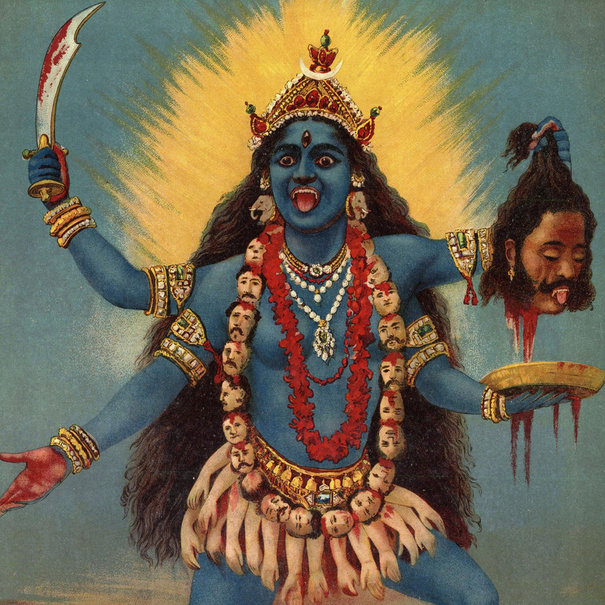 A stylized religious artwork showing a blue-skinned goddess with multiple arms, a radiant yellow halo, and a crown, holding a severed head with blood on a plate. The figure is adorned with red and white face garlands and jewelry against a muted blue background.