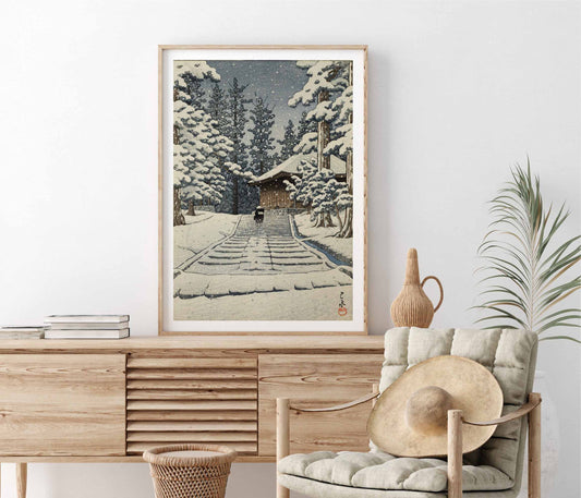 Konjikodo in the snow, Hiraizumi - Hasui Kawase poster