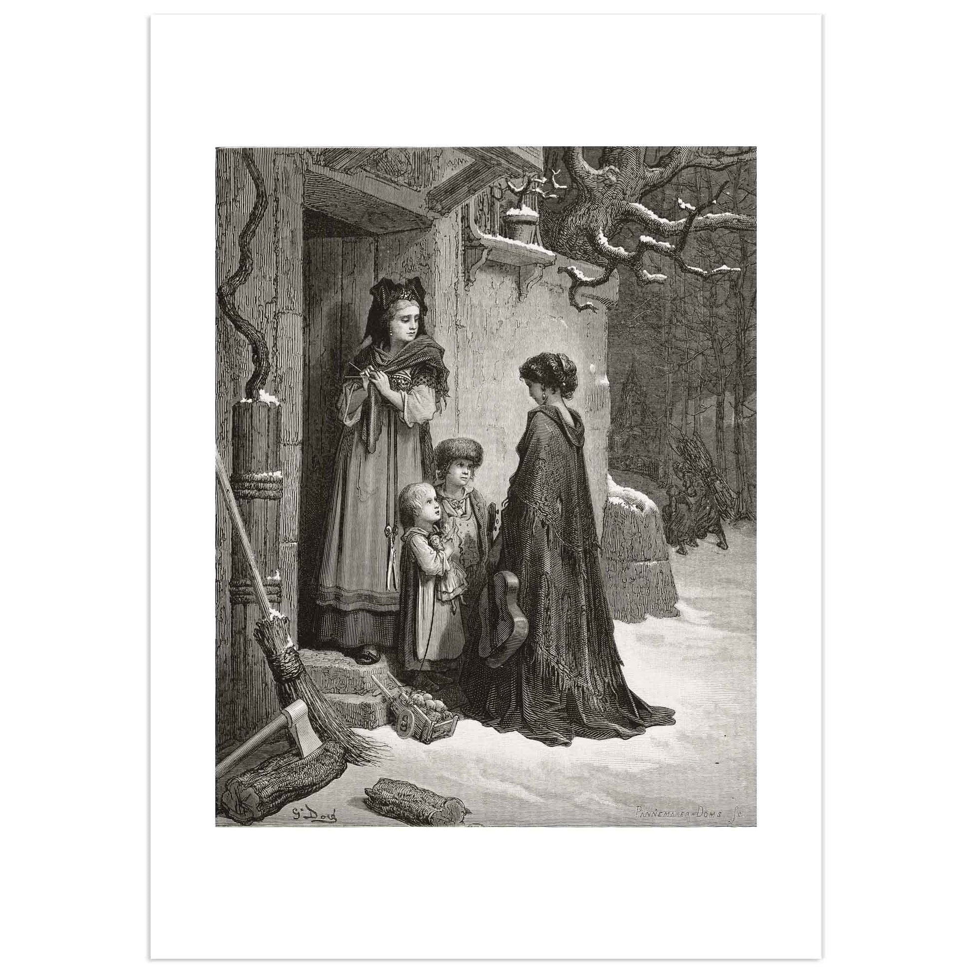 Black and white engraving by Gustave Doré illustrating “The Cicada and the Ant” from La Fontaine’s Fables, showing a snow-covered scene where a poor woman (the cicada) with a musical instrument and two children pleads outside a bourgeois house, while the ant, depicted as a wealthy lady, watches from inside.