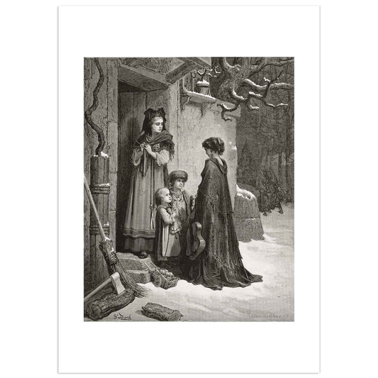 Black and white engraving by Gustave Doré illustrating “The Cicada and the Ant” from La Fontaine’s Fables, showing a snow-covered scene where a poor woman (the cicada) with a musical instrument and two children pleads outside a bourgeois house, while the ant, depicted as a wealthy lady, watches from inside.