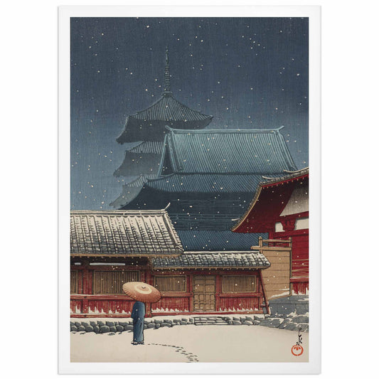 Japanese woodblock print by Hasui Kawase – Tennoji Temple in Osaka in the snow, with a lone figure under umbrella and pagoda in the background, 1933.