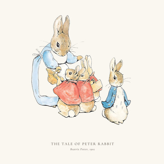 A classic watercolor illustration of Peter Rabbit on an off-white background, featuring Beatrix Potter's 'The Tale of Peter Rabbit' text at the bottom.