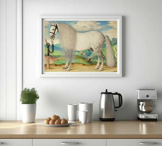 Étalon gris pommelé attaché dans un paysage