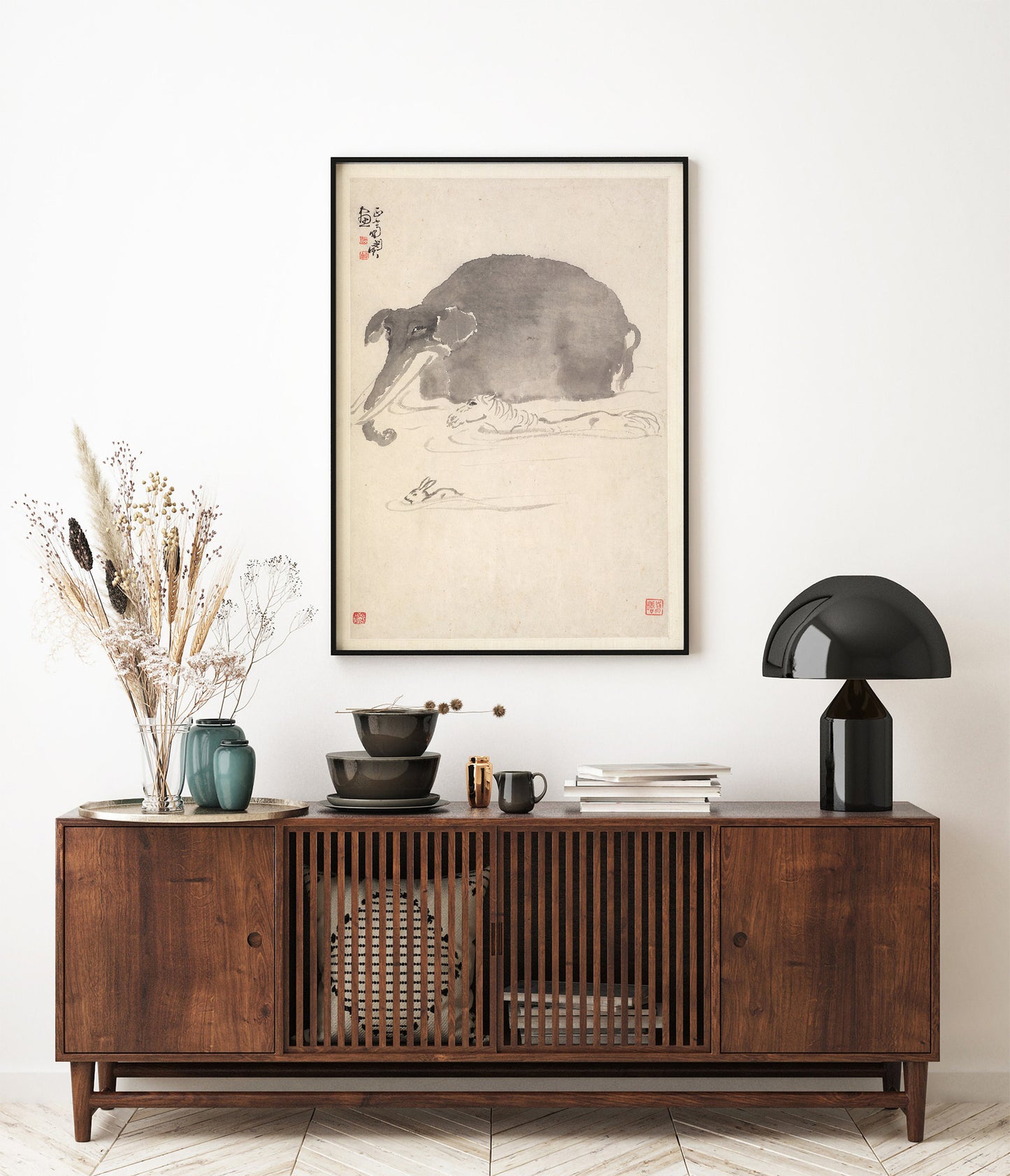 Éléphant, cheval et lièvre par Min Zhen