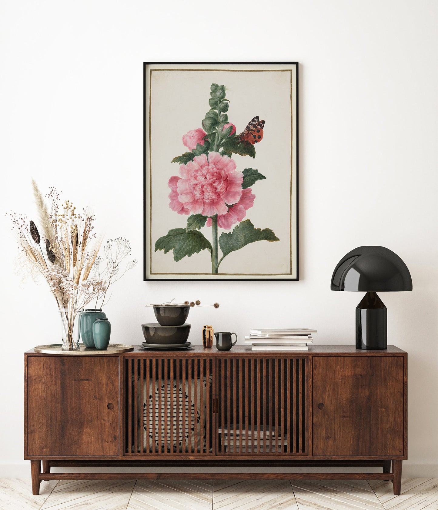 Roses trémières et papillons