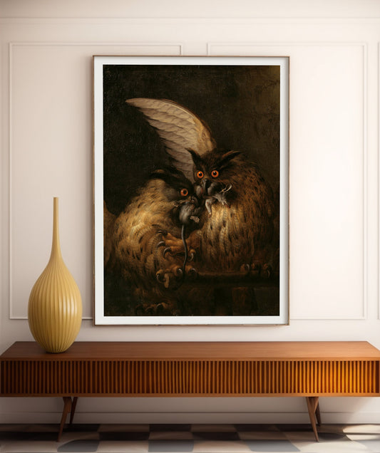 Two owls fighting over a rat, painting by Hans Georg Müller