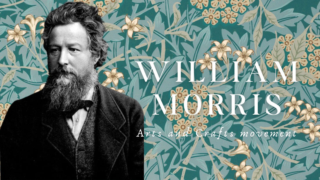 Portrait of William Morris next to a floral pattern background, with his name written in elegant white text