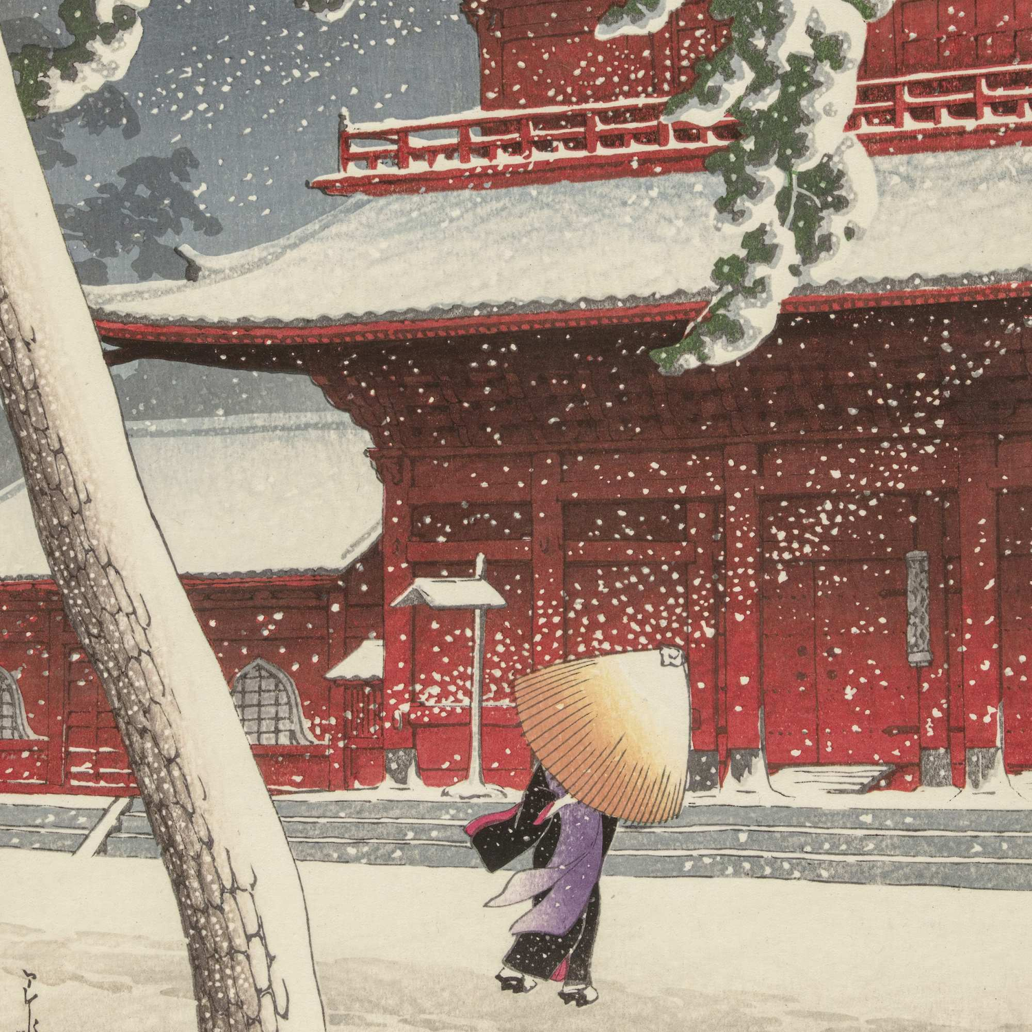 Kawase Hasui woodblock print of a figure in snow near a red temple, wearing a traditional straw hat
