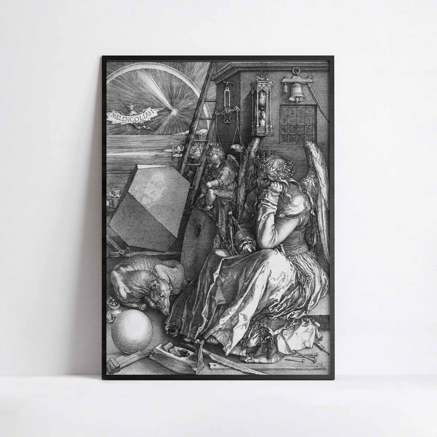 Engraving of armored knight riding through a dark forest, accompanied by Death and the Devil, by Albrecht Dürer