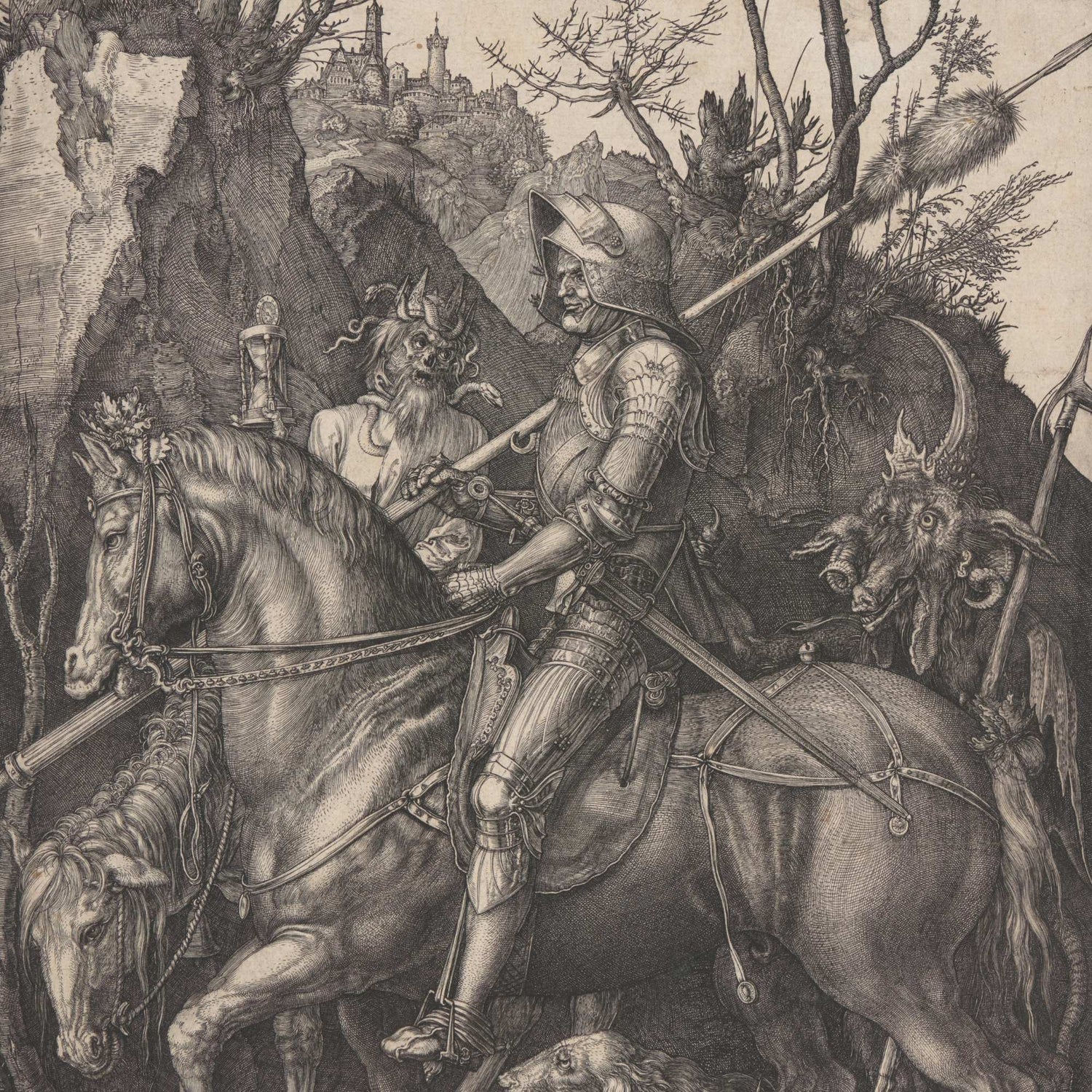 Engraving of armored knight riding through a dark forest, accompanied by Death and the Devil, by Albrecht Dürer