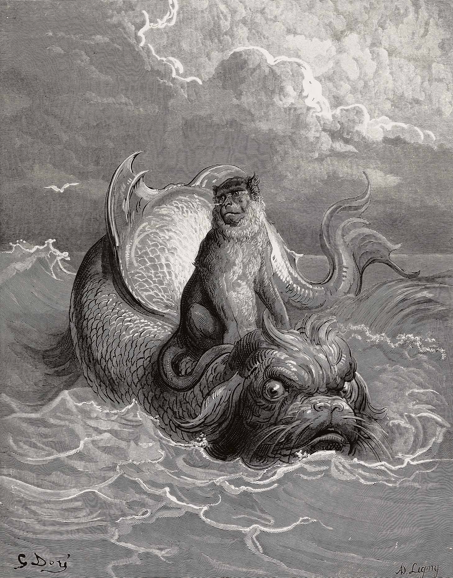 Engraving of a knight in armor riding a winged hippogriff through a dense forest landscape, with birds flying in the misty sky – illustration by Gustave Doré for Orlando Furioso.