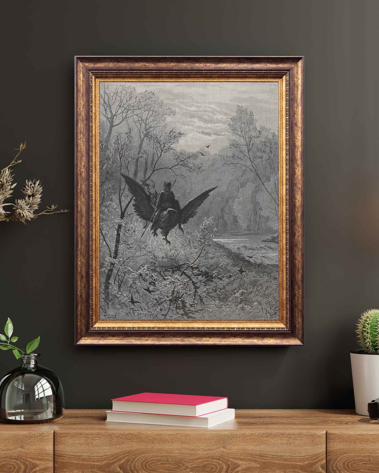 Engraving of a knight in armor riding a winged hippogriff through a dense forest landscape, with birds flying in the misty sky – illustration by Gustave Doré for Orlando Furioso.