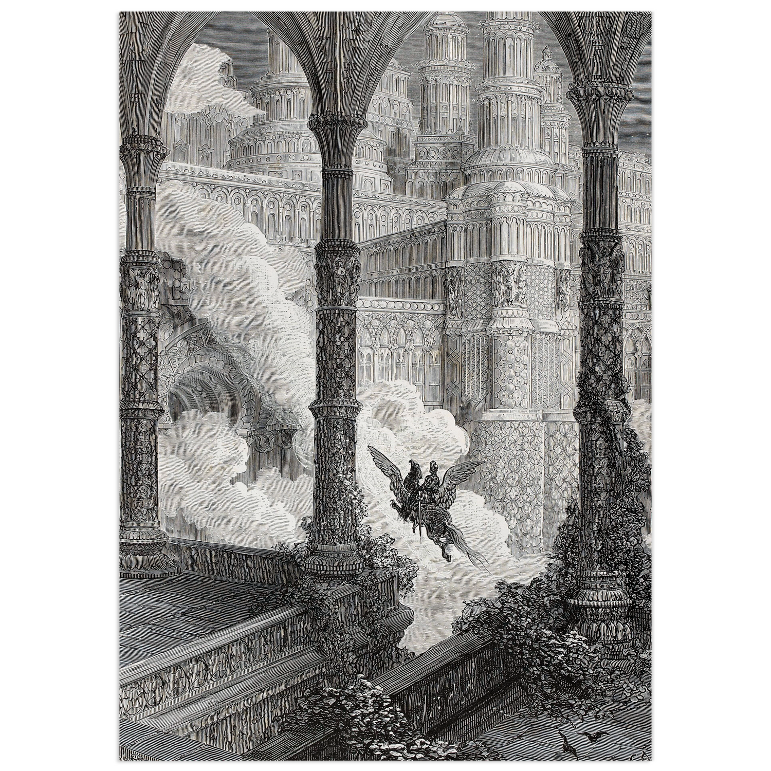 Engraving of a knight in armor riding a winged hippogriff through a dense forest landscape, with birds flying in the misty sky – illustration by Gustave Doré for Orlando Furioso.