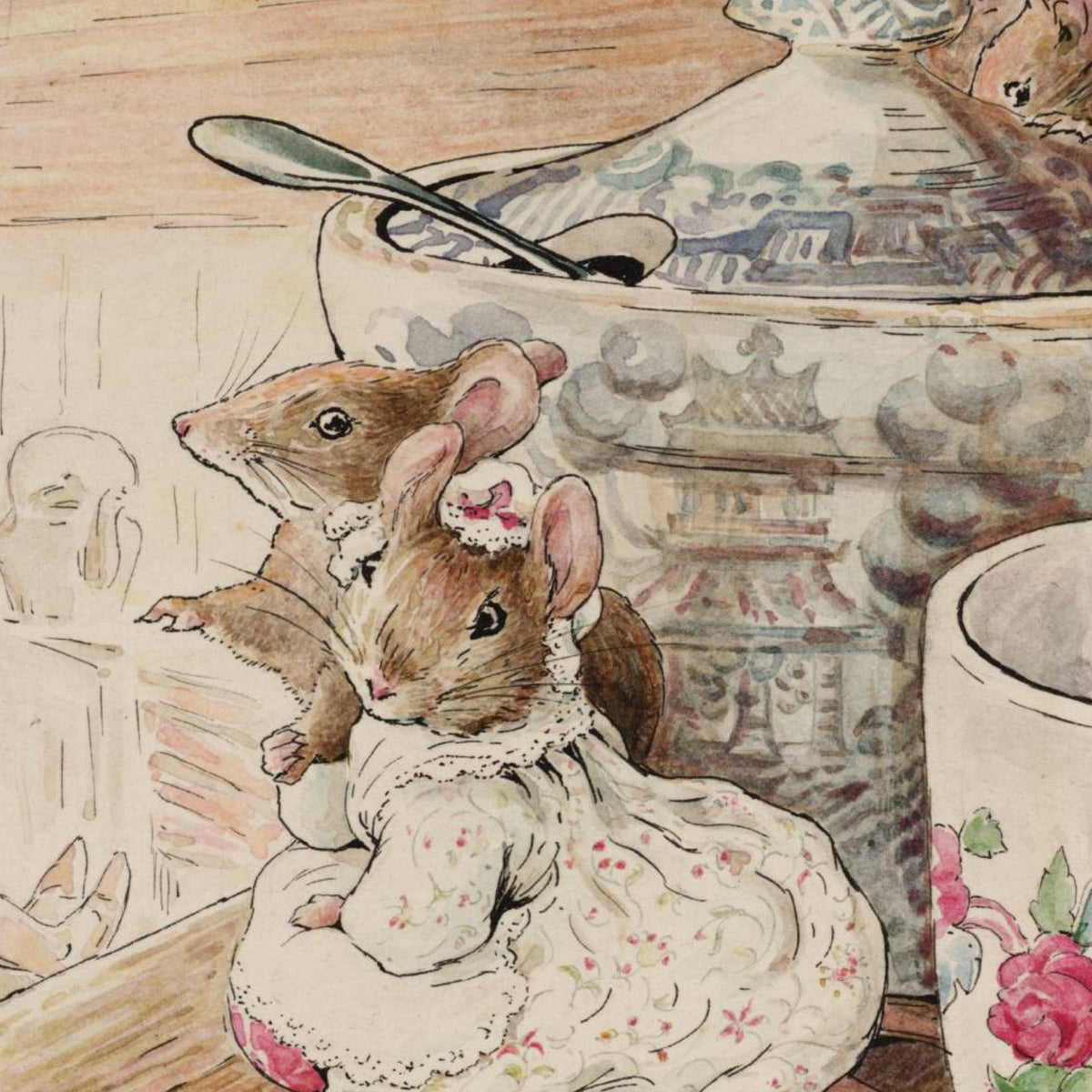 A vintage-style illustration showing two small brown mice in a floral white dress and another in a pink dress, posed beside ceramic dishes and a spoon in a softly painted kitchen-like scene.