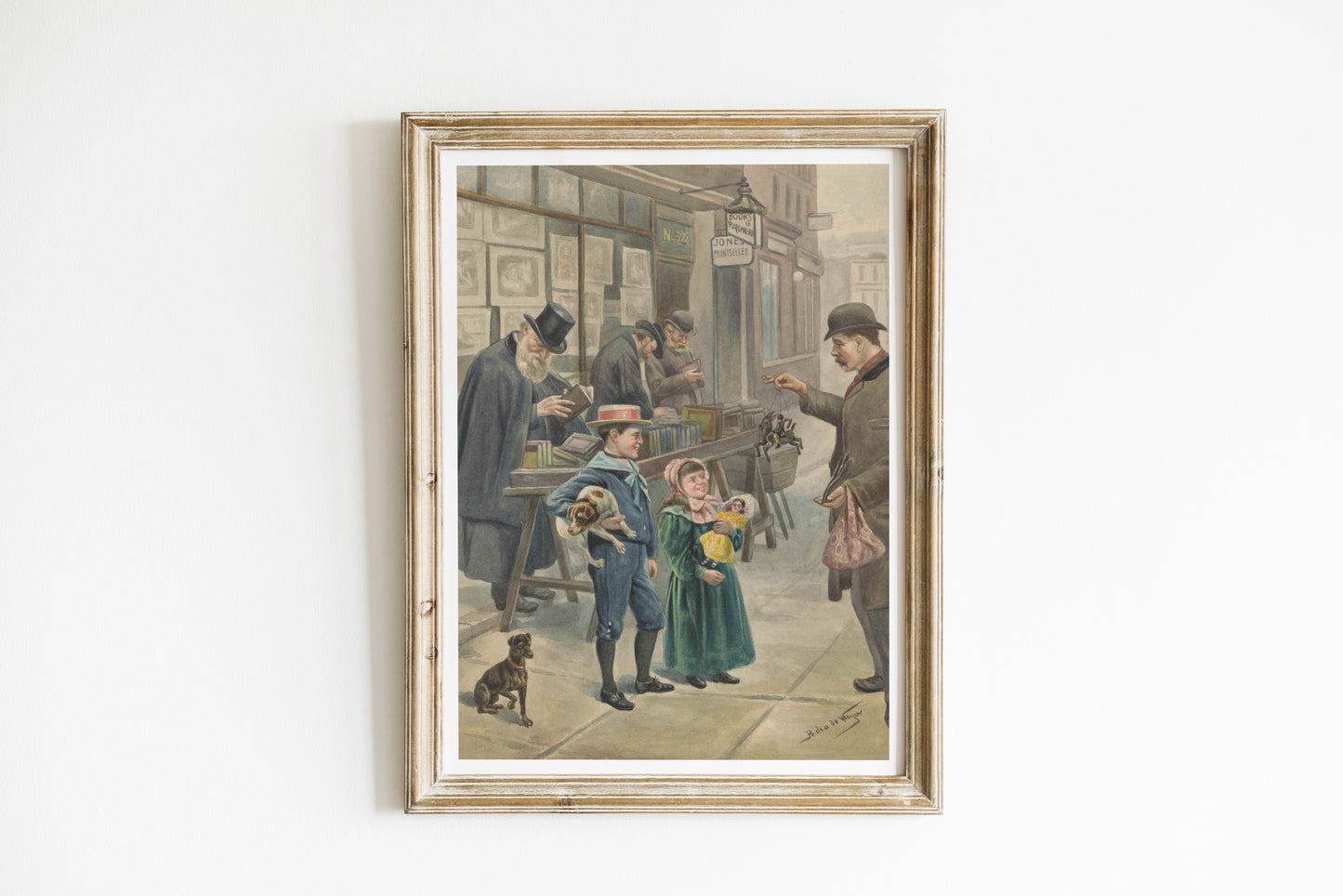 Affiche d'illustration de Noël vintage – Scène de rue d'antan avec enfants et jouets