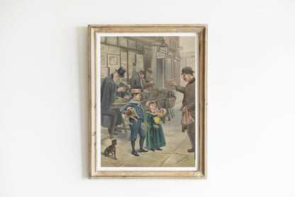 Affiche d'illustration de Noël vintage – Scène de rue d'antan avec enfants et jouets