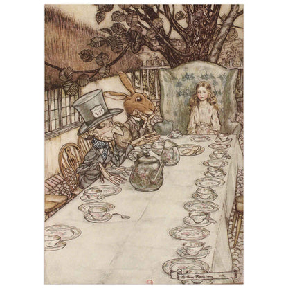 Arthur Rackham's illustration of the Mad Hatter Tea Party from Alice in Wonderland, featuring Alice, the Mad Hatter, and the March Hare at a tea table surrounded by cups