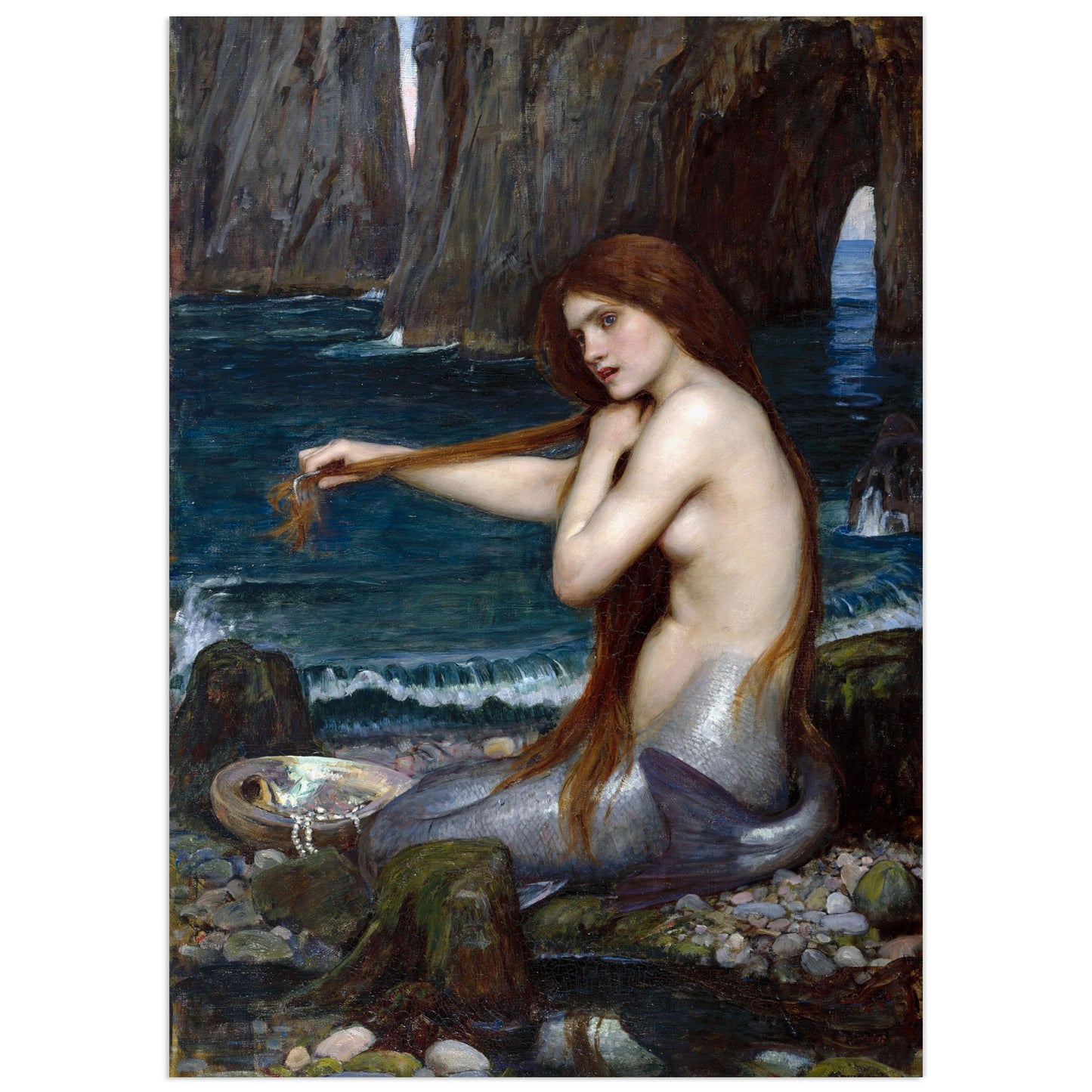 Mermaid poster by John William Waterhouse featuring a beautiful mermaid with long red hair, sitting by the rocky shoreline, brushing her hair