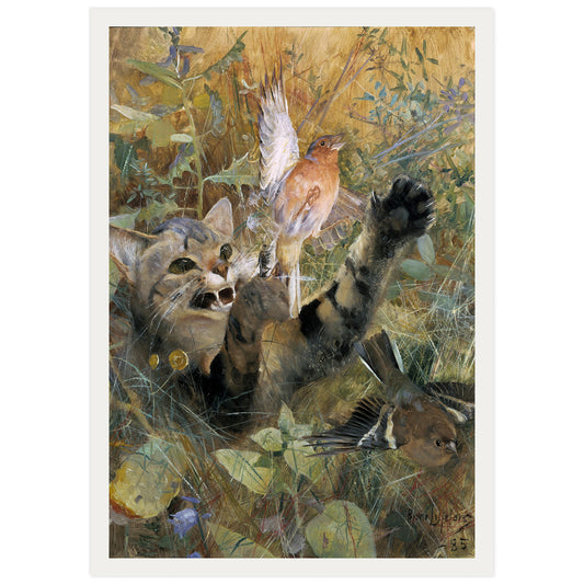 A painting of a cat with an outstretched paw interacting with a  chaffinch bird in a natural setting.