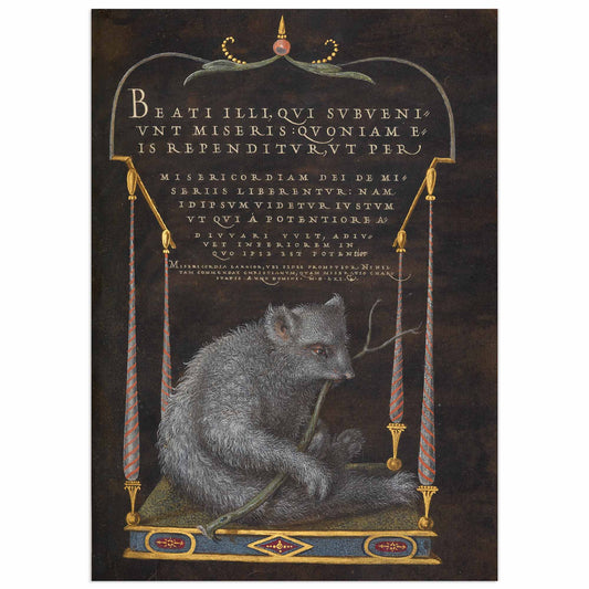 Museum-quality reproduction of Joris Hoefnagel's 16th-century illuminated manuscript showing a detailed sloth with meticulously rendered gray-brown fur grasping a branch, framed by ornate gold architectural border with twisted coral-and-blue spiral columns, Latin calligraphic text, ruby jewel ornament at top, three blue and red jeweled cartouches at bottom, dark background, exemplifying Renaissance natural history art from the Four Elements series circa 1575-1580
