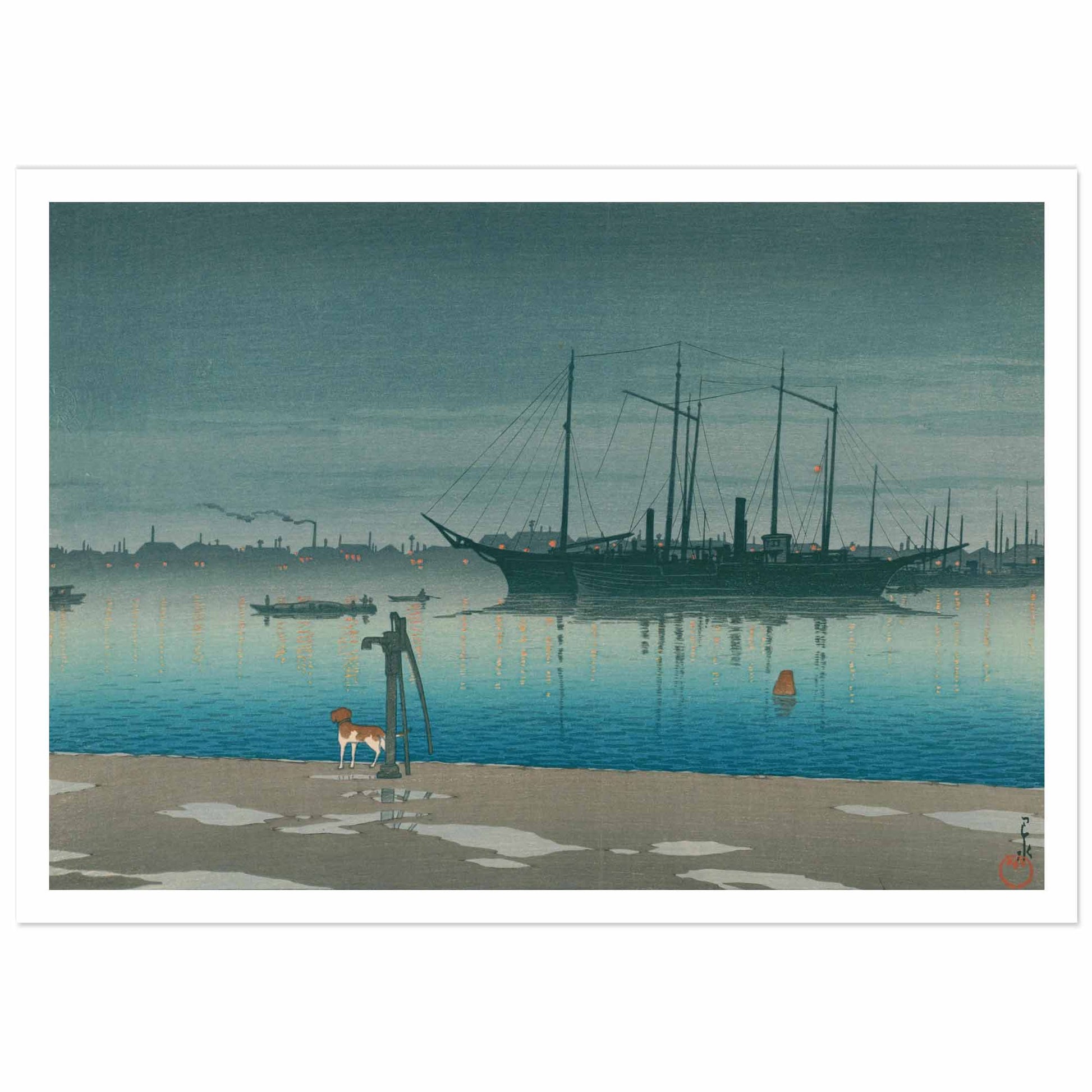Museum-quality reproduction of Kawase Hasui's Akashi Cho After Rain showing a large sailing vessel anchored in calm harbor waters after rainfall, with turquoise and blue gradient sky, reflections in still water, white dog on wet beach in foreground, and distant industrial shoreline silhouette, exemplifying Shin-Hanga maritime landscape art from 1920s-1930s Japan