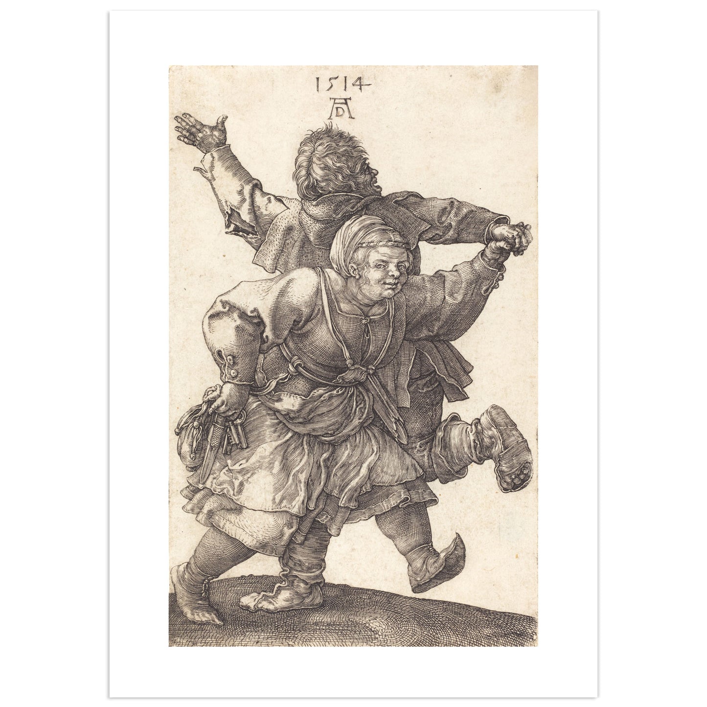 Dürer engraving of a peasant man and woman dancing, dated 1514, the man seen from behind with one arm raised, the woman turning toward the viewer.