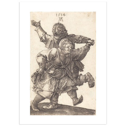 Dürer engraving of a peasant man and woman dancing, dated 1514, the man seen from behind with one arm raised, the woman turning toward the viewer.