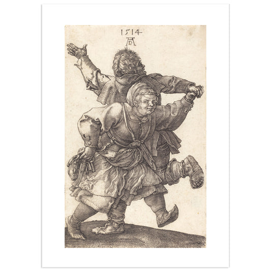 Dürer engraving of a peasant man and woman dancing, dated 1514, the man seen from behind with one arm raised, the woman turning toward the viewer.