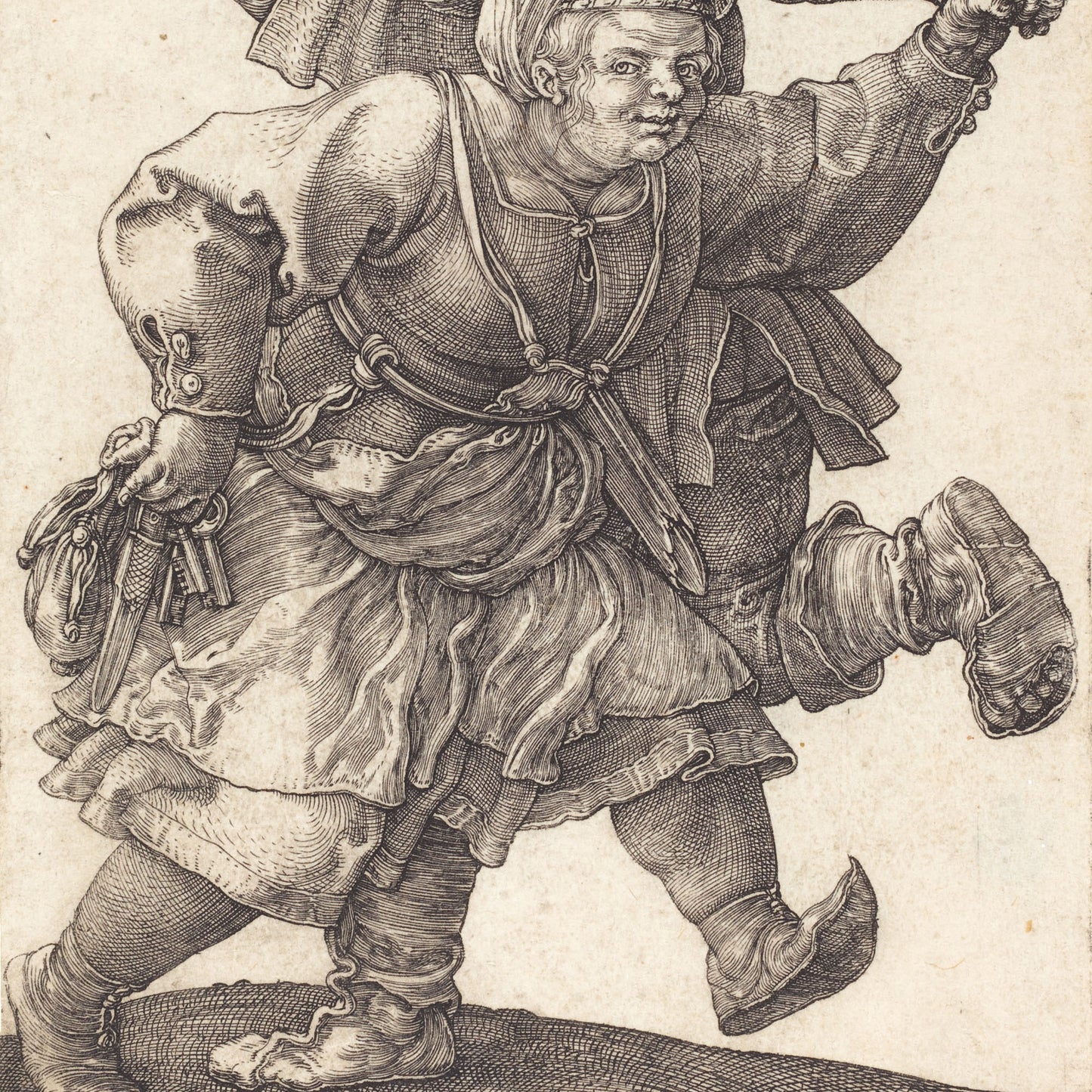 A close-up reproduction of a vintage black ink etching on aged beige paper, depicting a detailed figure in historical clothing in motion.