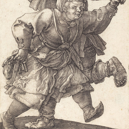 A close-up reproduction of a vintage black ink etching on aged beige paper, depicting a detailed figure in historical clothing in motion.