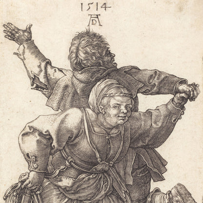 A vintage black ink etching on aged beige paper, depicting two figures in dynamic action with raised arms, with the year '1514' and a Chinese character printed above.