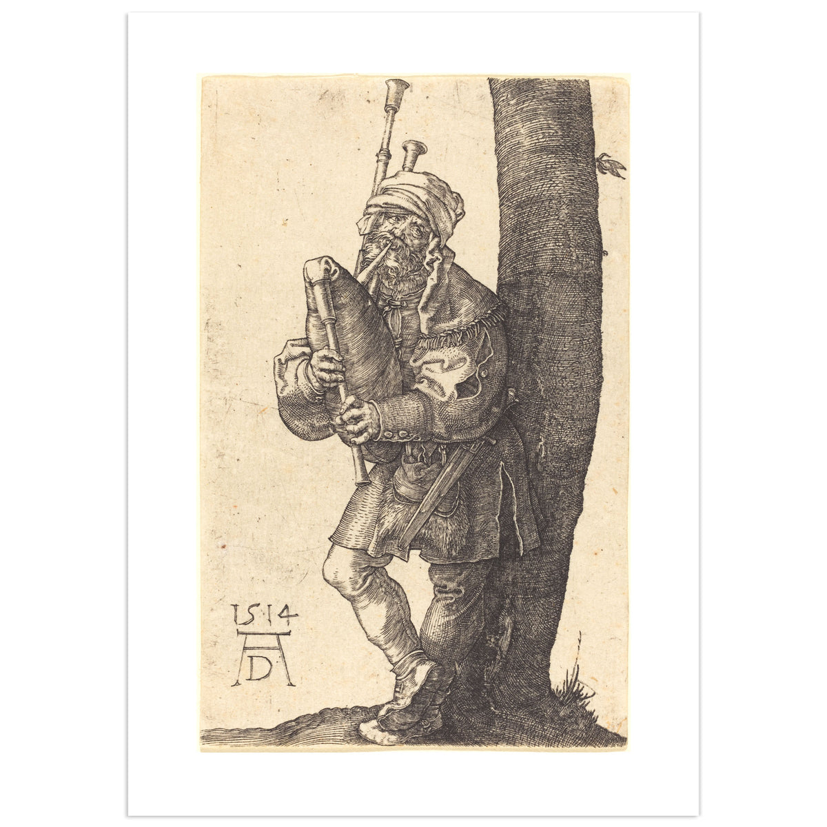 Dürer engraving of a peasant leaning against a tree playing the bagpipes, dated 1514, with the artist's AD monogram at lower left.