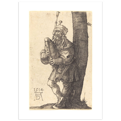 Dürer engraving of a peasant leaning against a tree playing the bagpipes, dated 1514, with the artist's AD monogram at lower left.