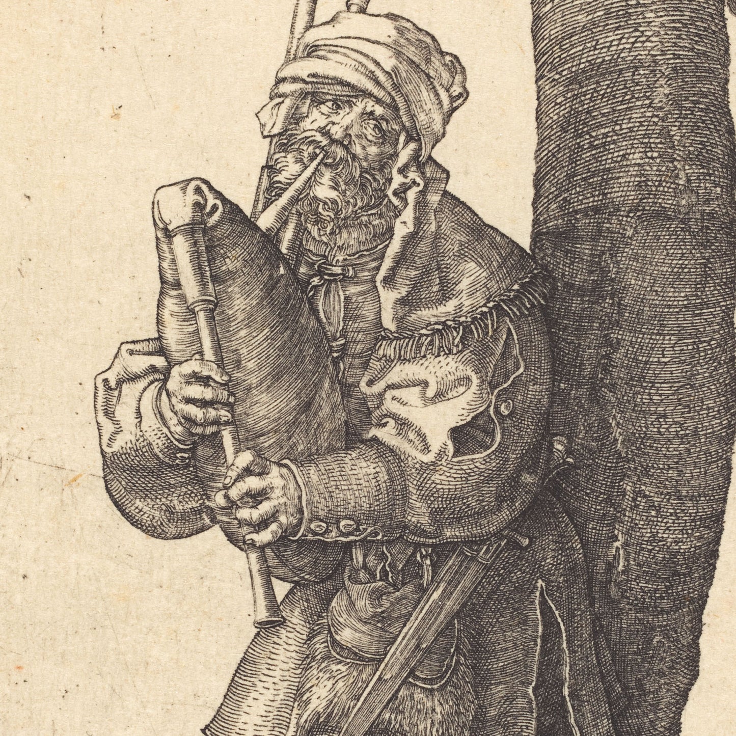A vintage black ink engraving on aged beige paper, depicting a bearded man in historical clothing holding a large bagpipe next to a tree trunk.