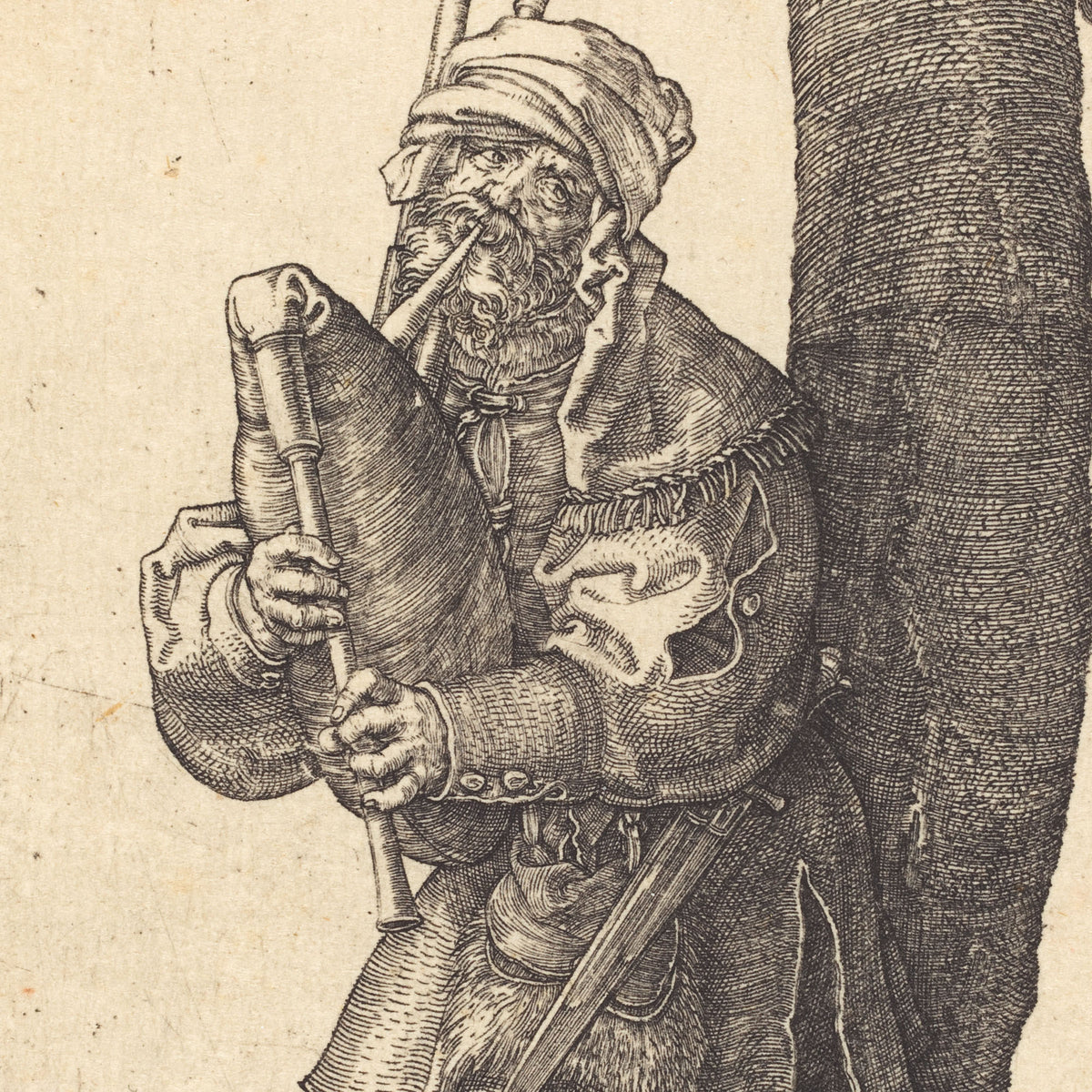 A vintage black ink engraving on aged beige paper, depicting a bearded man in historical clothing holding a large bagpipe next to a tree trunk.